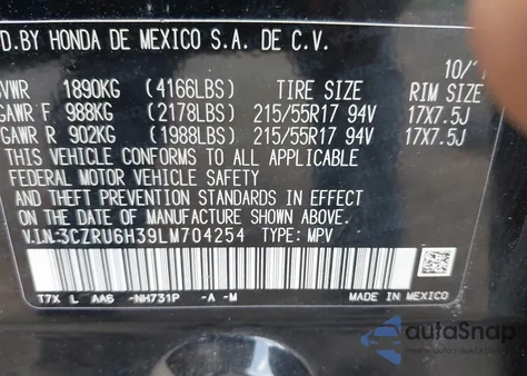 2020 Honda Hr-V Awd Lx z USA, uszkodzony, nr VIN 3CZRU6H39LM704254